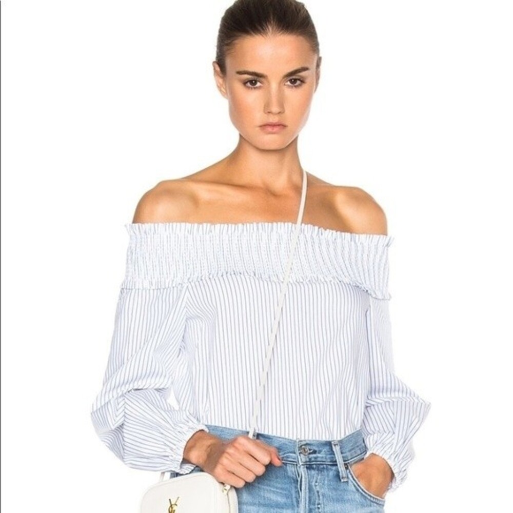 TIBI Stripe Off the Shoulder Smock Tunic Blouse 00